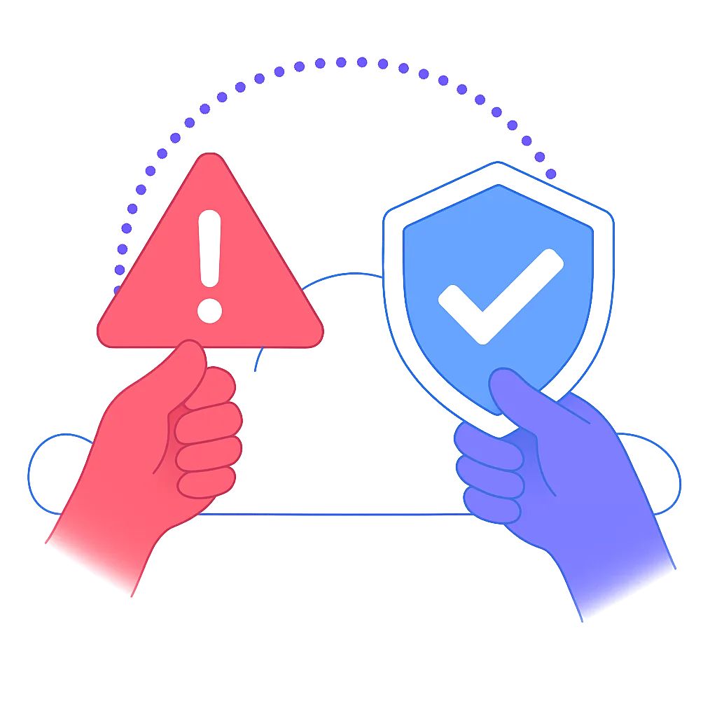 Illustration of two hands holding shields: one red with a warning symbol and one blue with a checkmark.